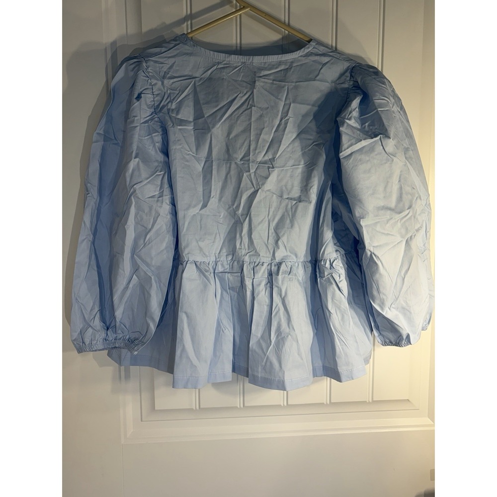 Light Blue Tie Front Peplum Womens Small Puff Sleeve Cottagecore Babydoll Blouse - Picture 3 of 3